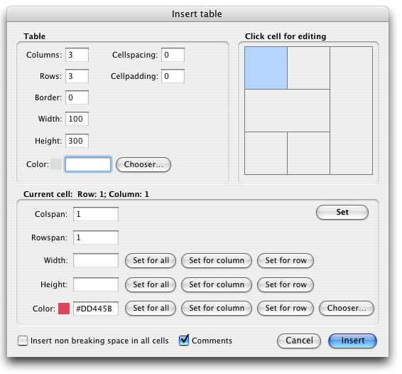 Table dialog